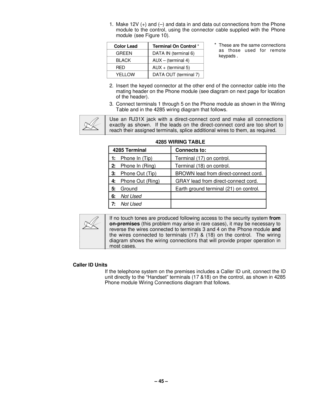 VistaQuest N7227V5 installation instructions Terminal Connects to, Caller ID Units 