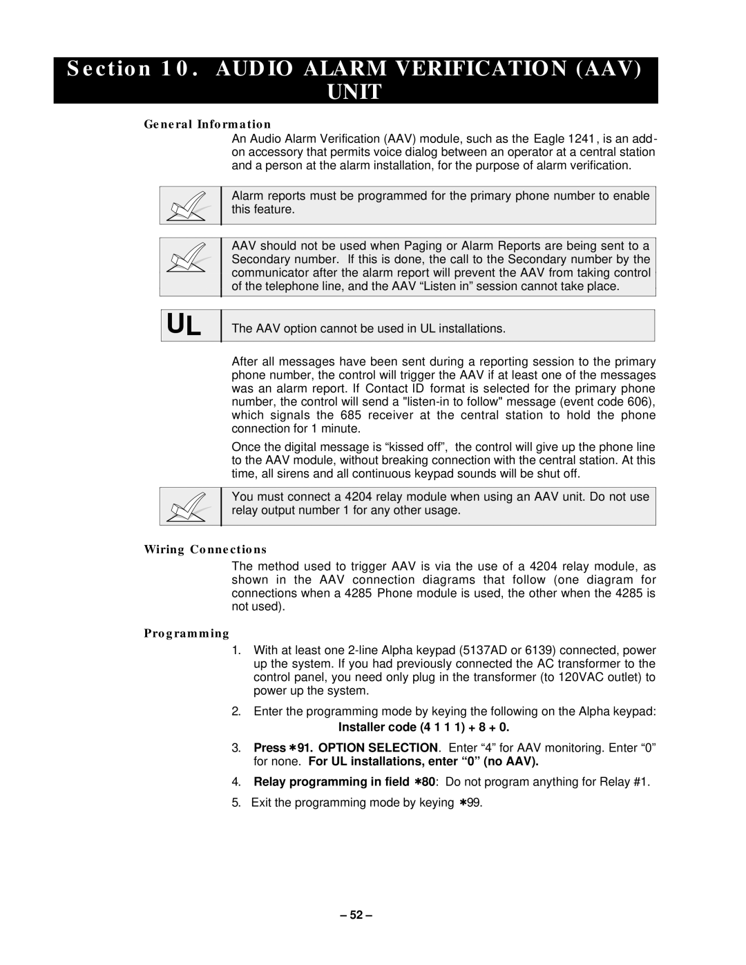 VistaQuest N7227V5 installation instructions Audio Alarm Verification AAV, Wiring Connections, Programming 