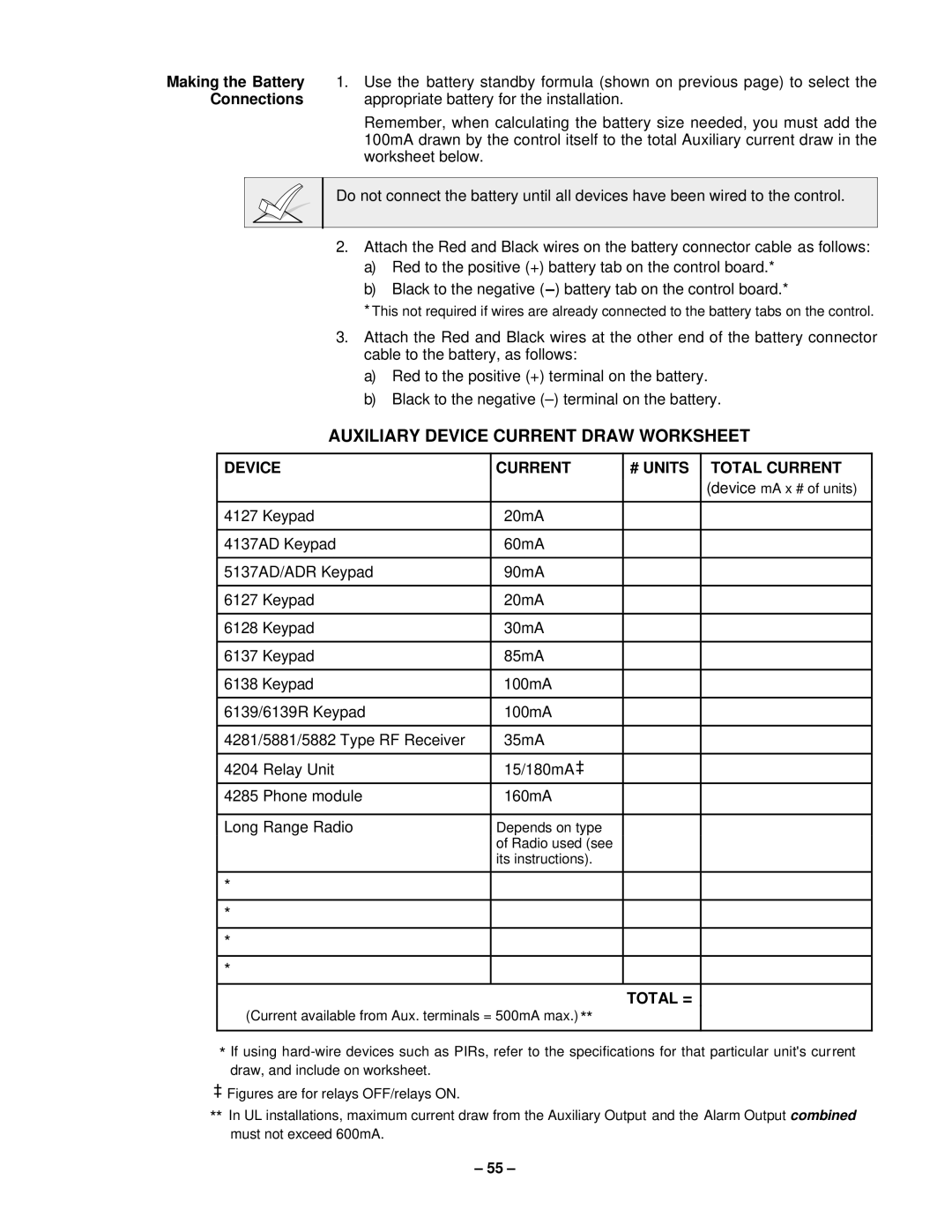 VistaQuest N7227V5 installation instructions Making the Battery, Connections, Device Current # Units Total Current, Total = 