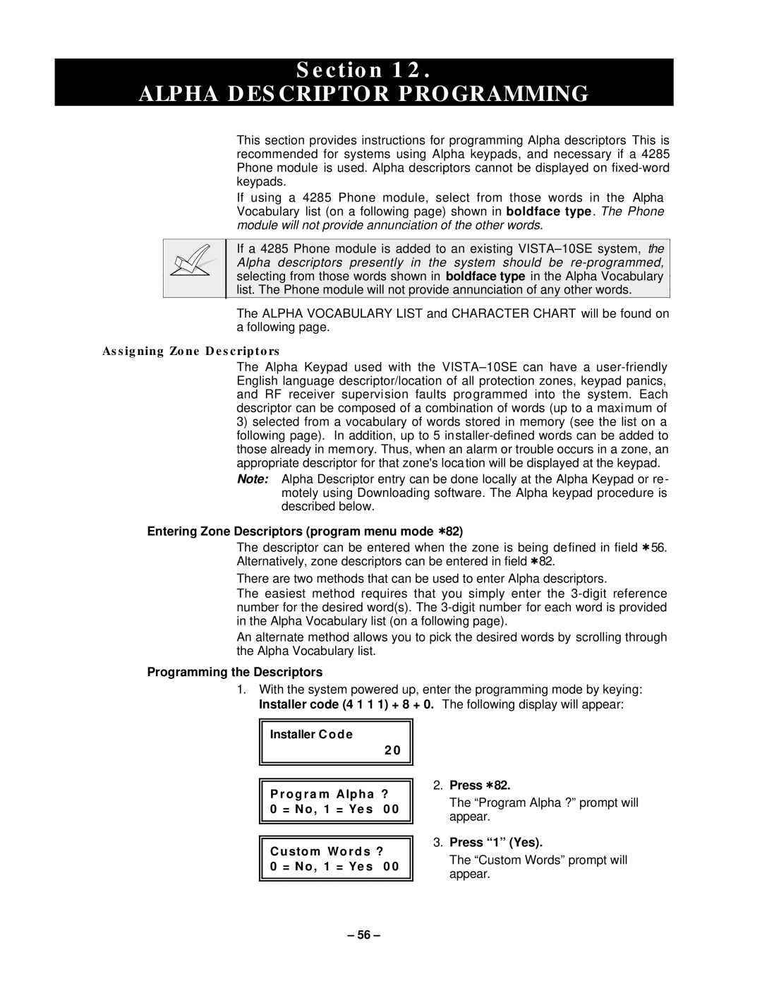 VistaQuest N7227V5 Section, Entering Zone Descriptors program menu mode, Programming the Descriptors, Press 1 Yes 