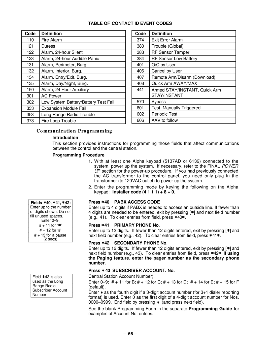 VistaQuest N7227V5 installation instructions Communication Programming, Table of Contact ID Event Codes 