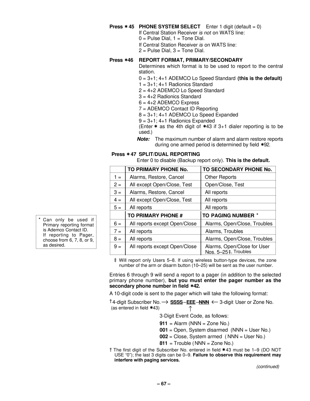 VistaQuest N7227V5 Press 45 Phone System Select Enter 1 digit default =, Press 46 Report FORMAT, PRIMARY/SECONDARY 