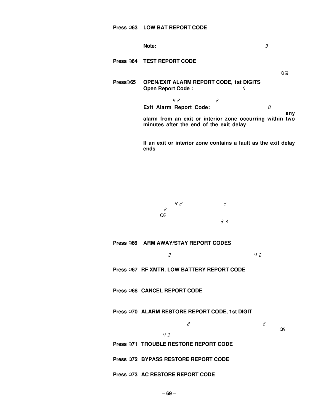 VistaQuest N7227V5 Press 63 LOW BAT Report Code, Press 64 Test Report Code, Press 66 ARM AWAY/STAY Report Codes 