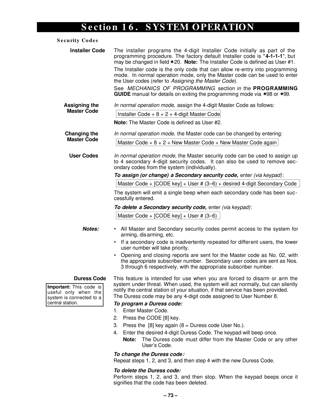 VistaQuest N7227V5 System Operation, To program a Duress code, To change the Duress code, To delete the Duress code 