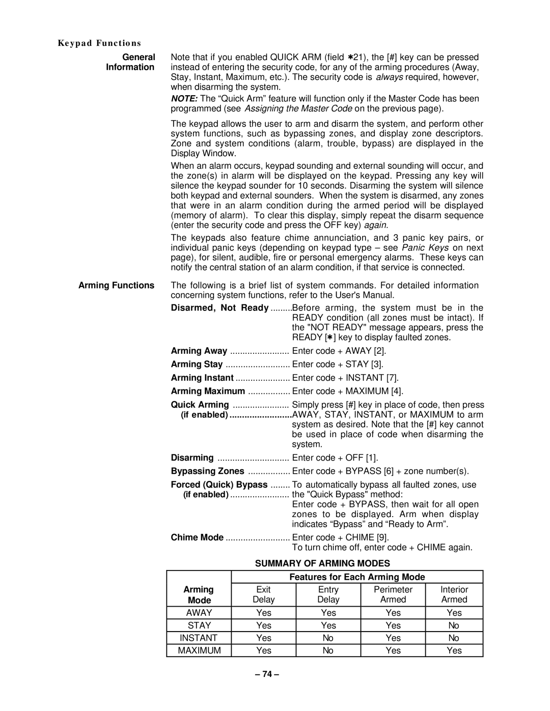 VistaQuest N7227V5 Keypad Functions, Disarmed, Not Ready, Forced Quick Bypass, Summary of Arming Modes 