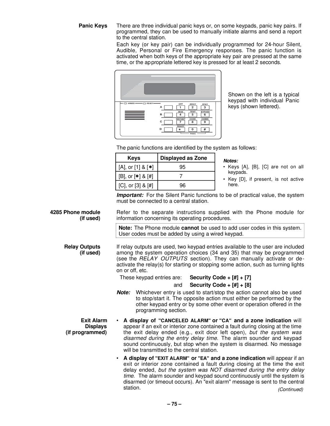 VistaQuest N7227V5 Keys Displayed as Zone, If used, Relay Outputs, Security Code + # +, If programmed 