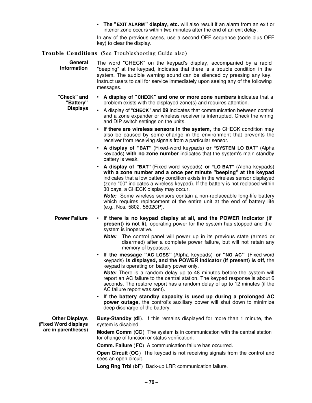 VistaQuest N7227V5 installation instructions Trouble Conditions See Troubleshooting Guide also 