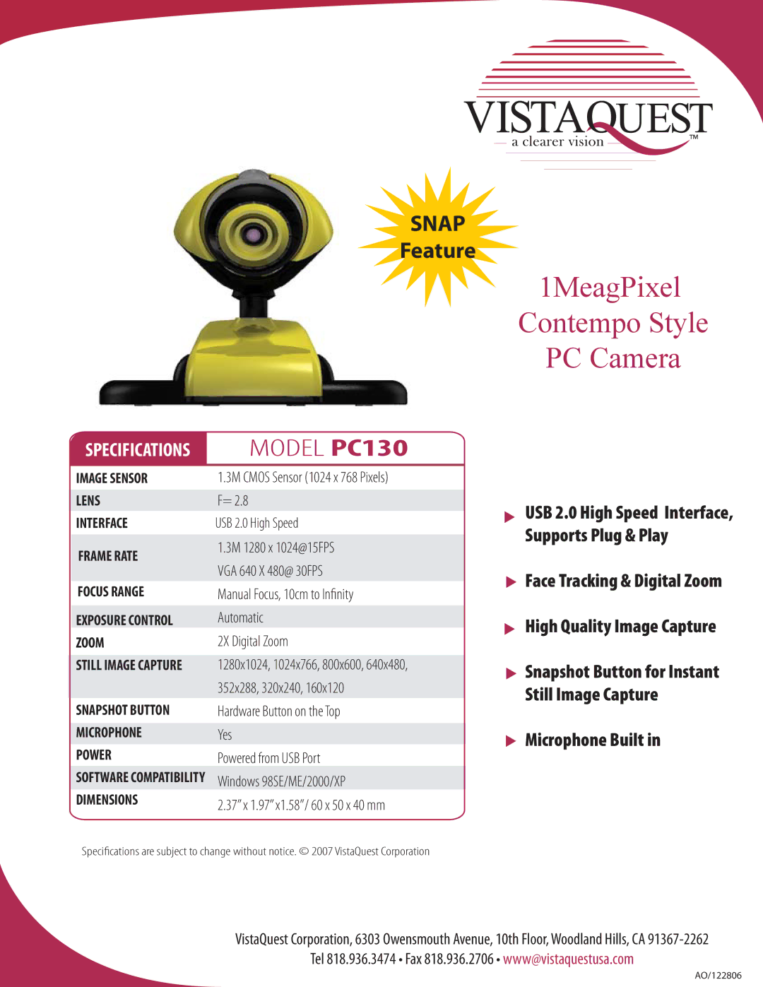 VistaQuest specifications 1MeagPixel Contempo Style PC Camera, Model PC130, Microphone Built 