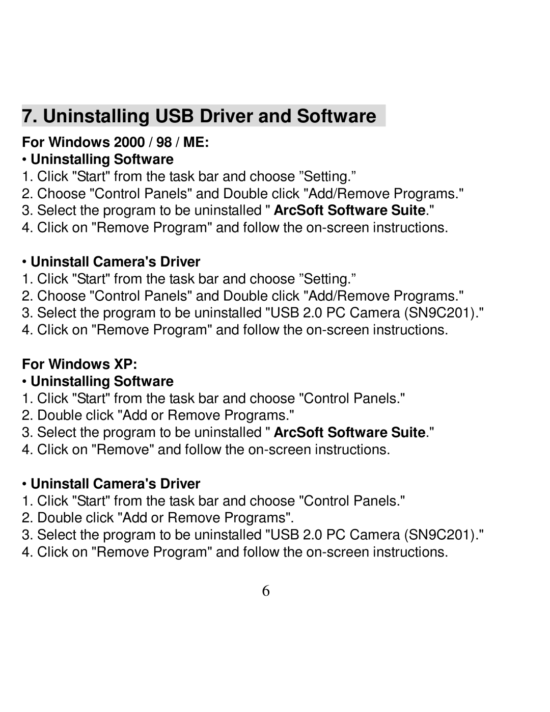 VistaQuest PC130B user manual Uninstalling USB Driver and Software, For Windows 2000 / 98 / ME Uninstalling Software 