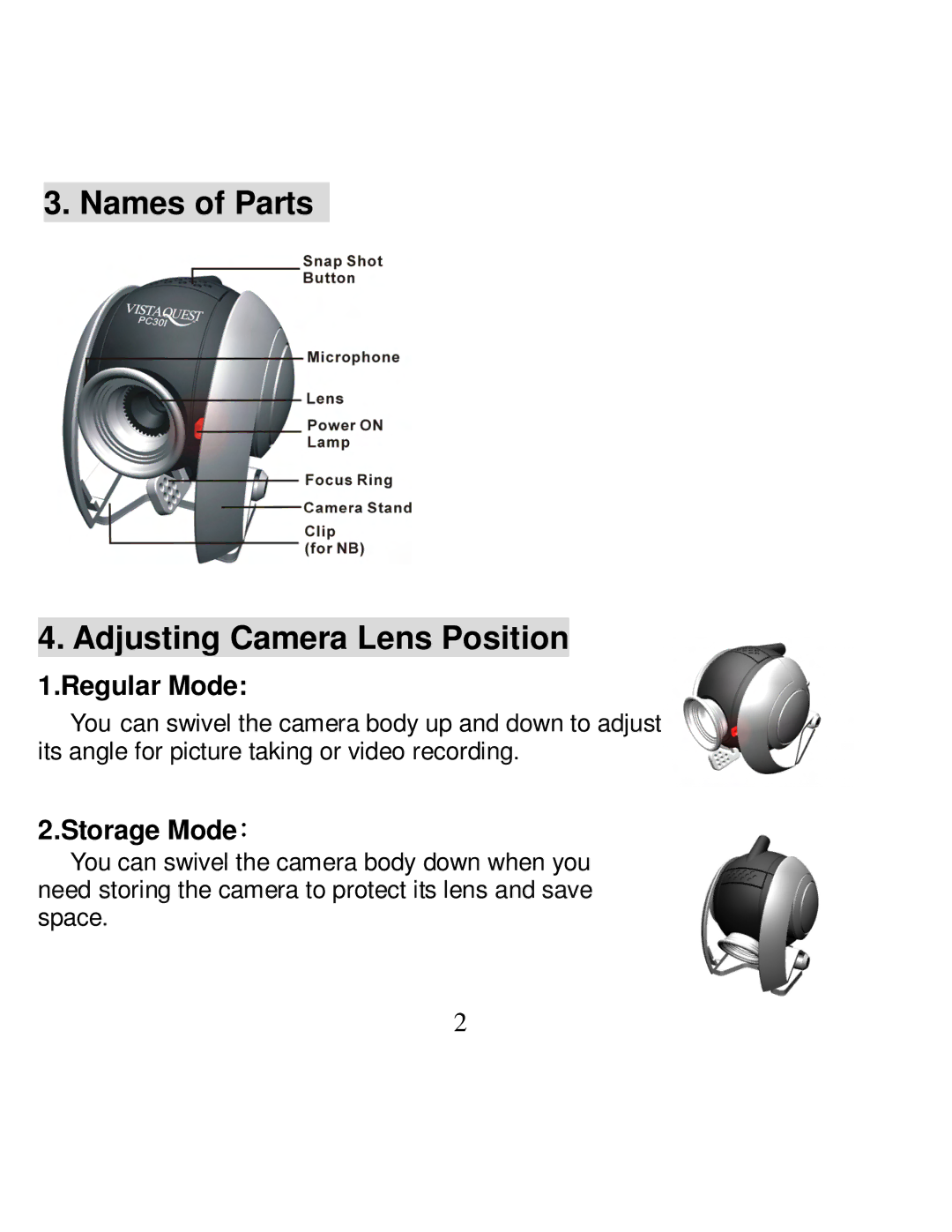 VistaQuest PC30I user manual Names of Parts Adjusting Camera Lens Position, Regular Mode 