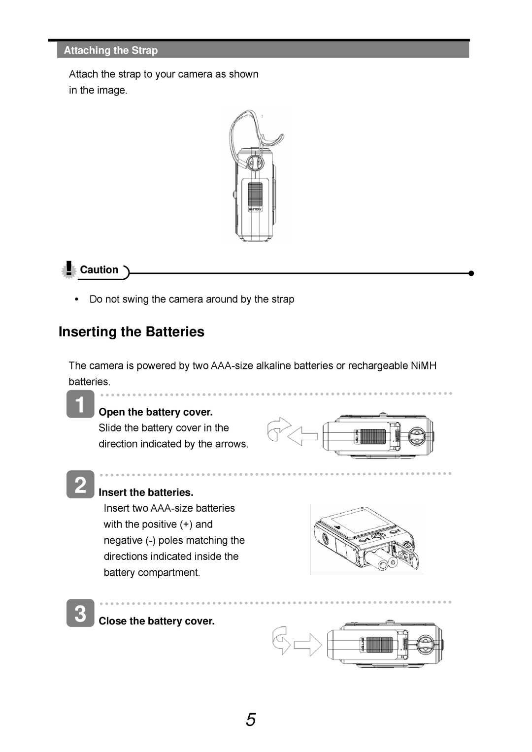 VistaQuest sensor 505-D Inserting the Batteries, Attaching the Strap, Open the battery cover, Insert the batteries 