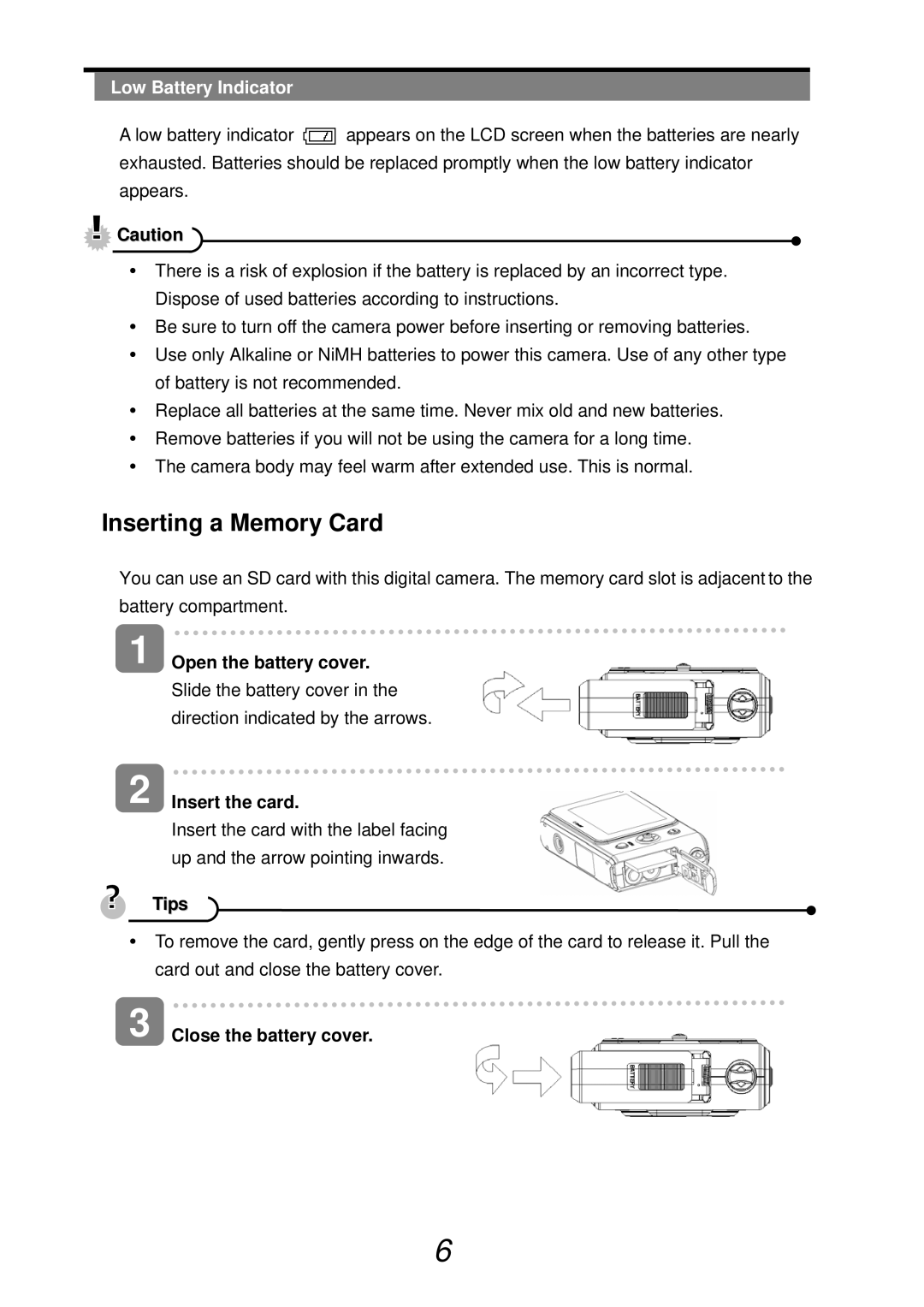 VistaQuest sensor 505-D user manual Inserting a Memory Card, Low Battery Indicator, Insert the card, Tips 