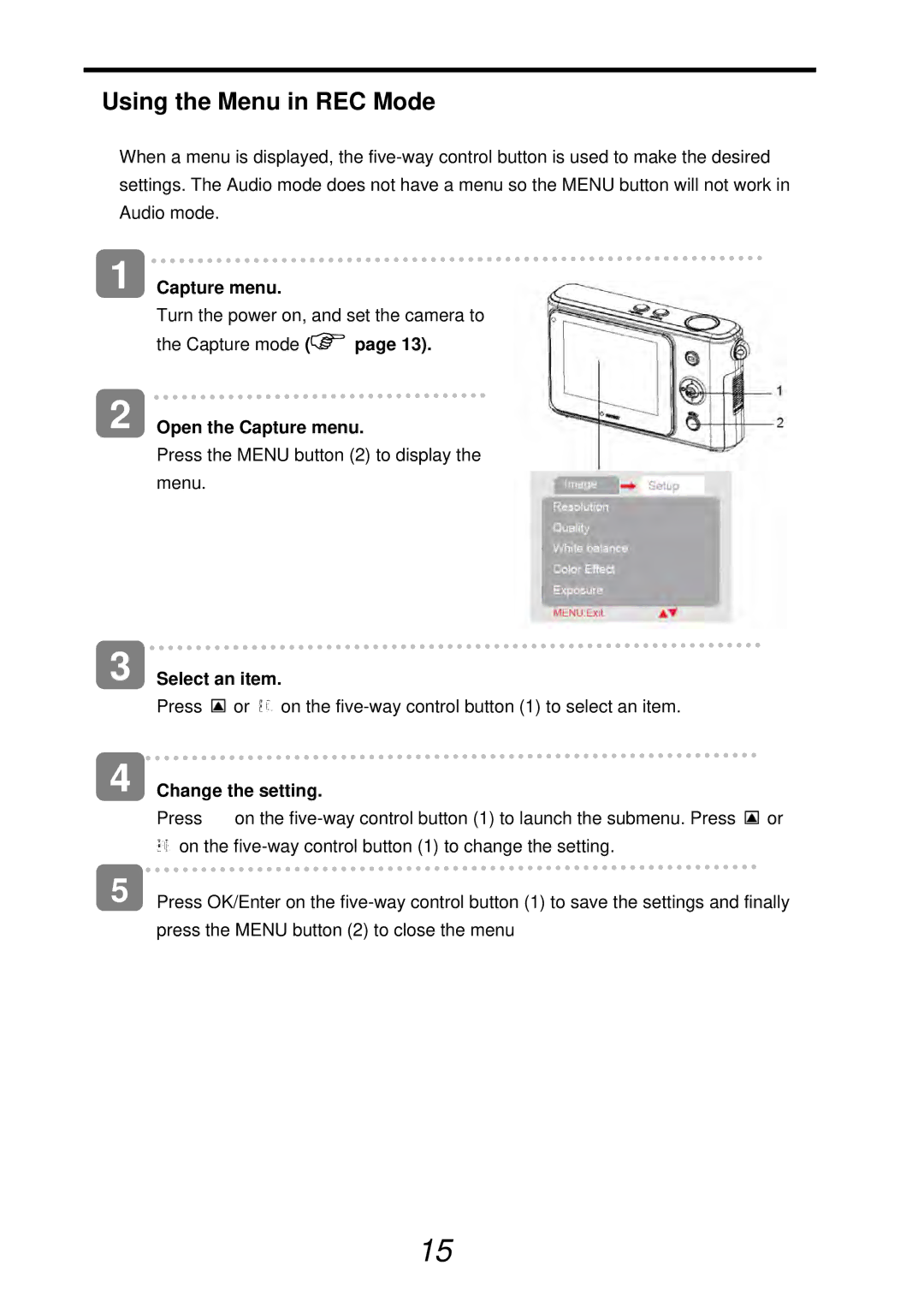 VistaQuest sensor 505-D user manual Using the Menu in REC Mode, Capture mode Open the Capture menu, Select an item 