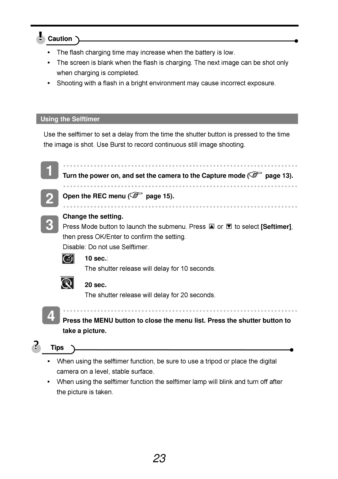 VistaQuest sensor 505-D user manual Using the Selftimer, 10 sec, 20 sec 