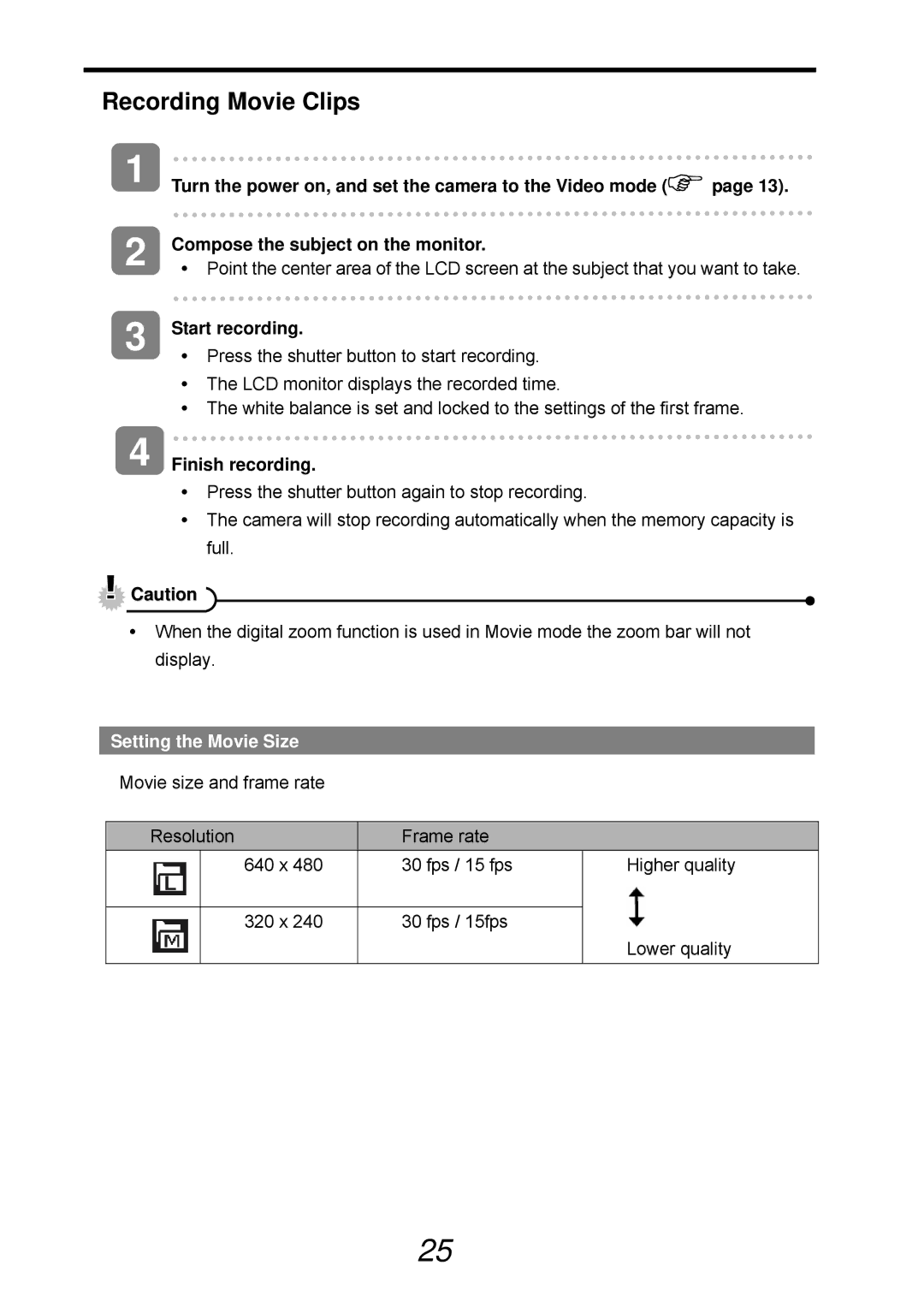 VistaQuest sensor 505-D user manual Recording Movie Clips, Start recording, Finish recording, Setting the Movie Size 