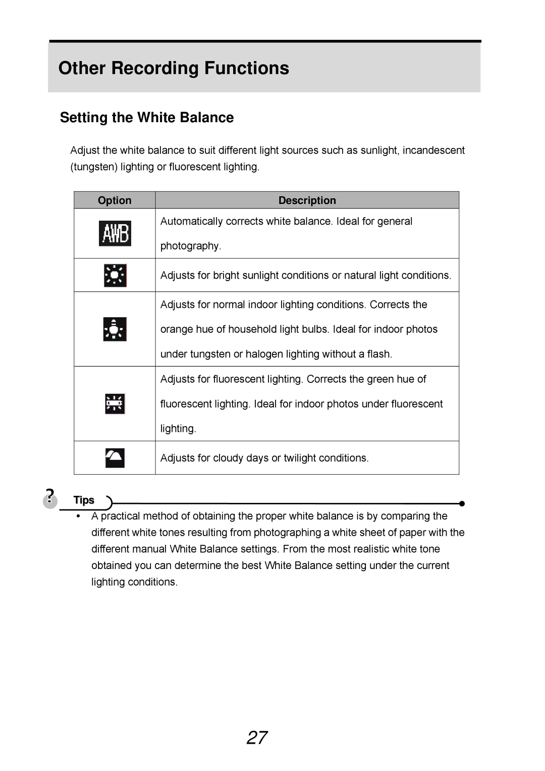 VistaQuest sensor 505-D user manual Other Recording Functions, Setting the White Balance, Option Description 