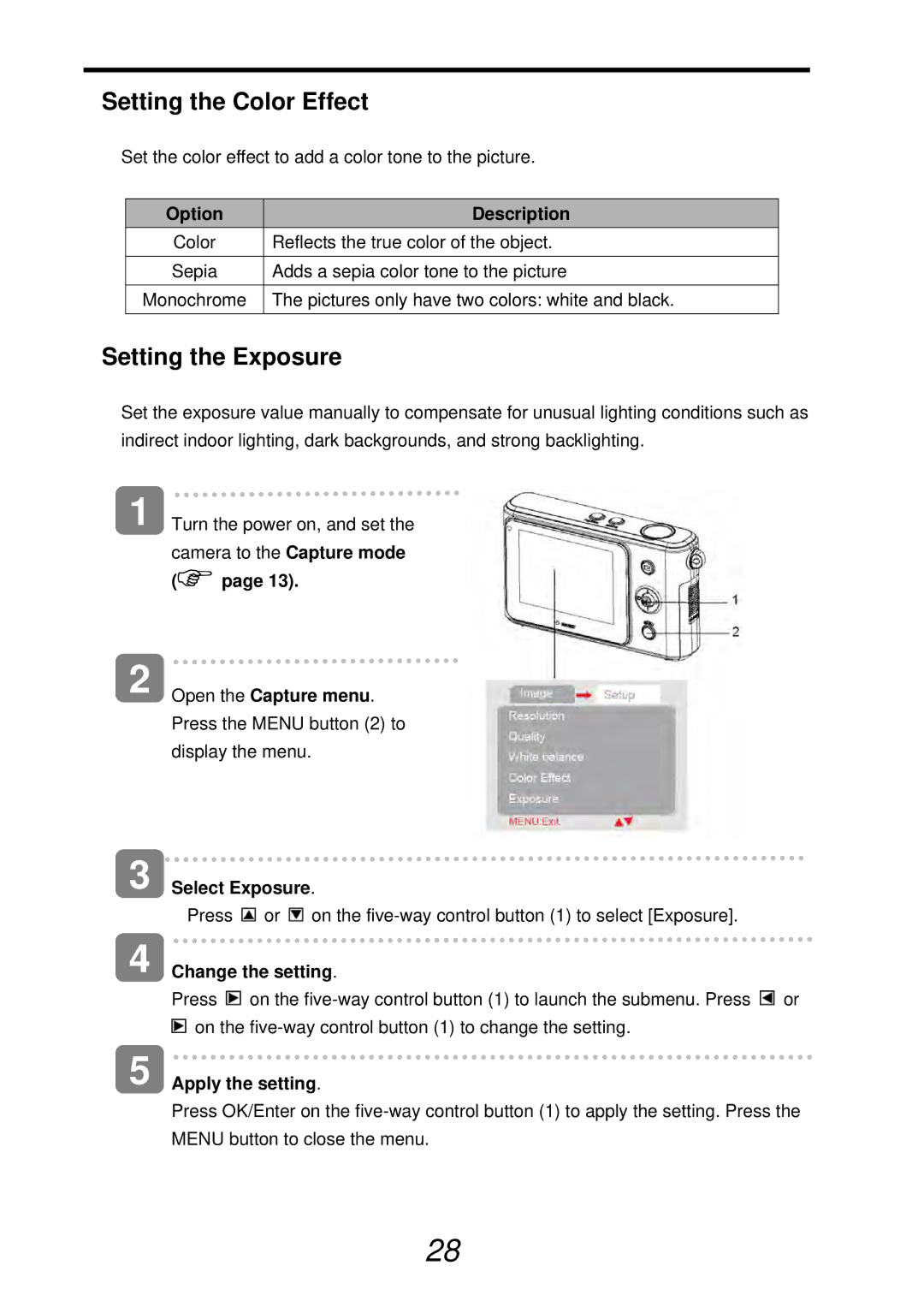 VistaQuest sensor 505-D user manual Setting the Color Effect, Setting the Exposure, Select Exposure 