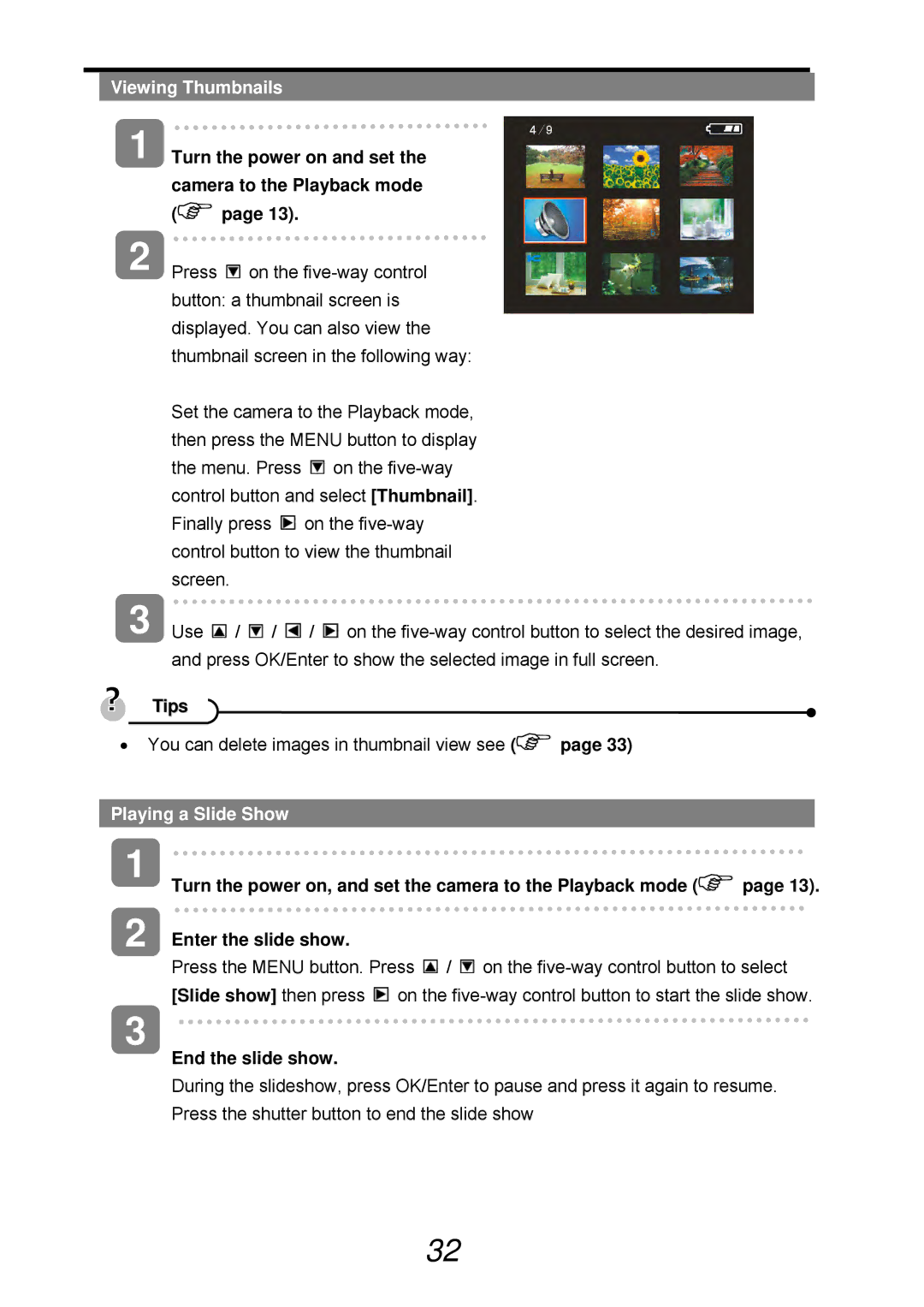 VistaQuest sensor 505-D Viewing Thumbnails, Camera to the Playback mode, Tips You can delete images in thumbnail view see 