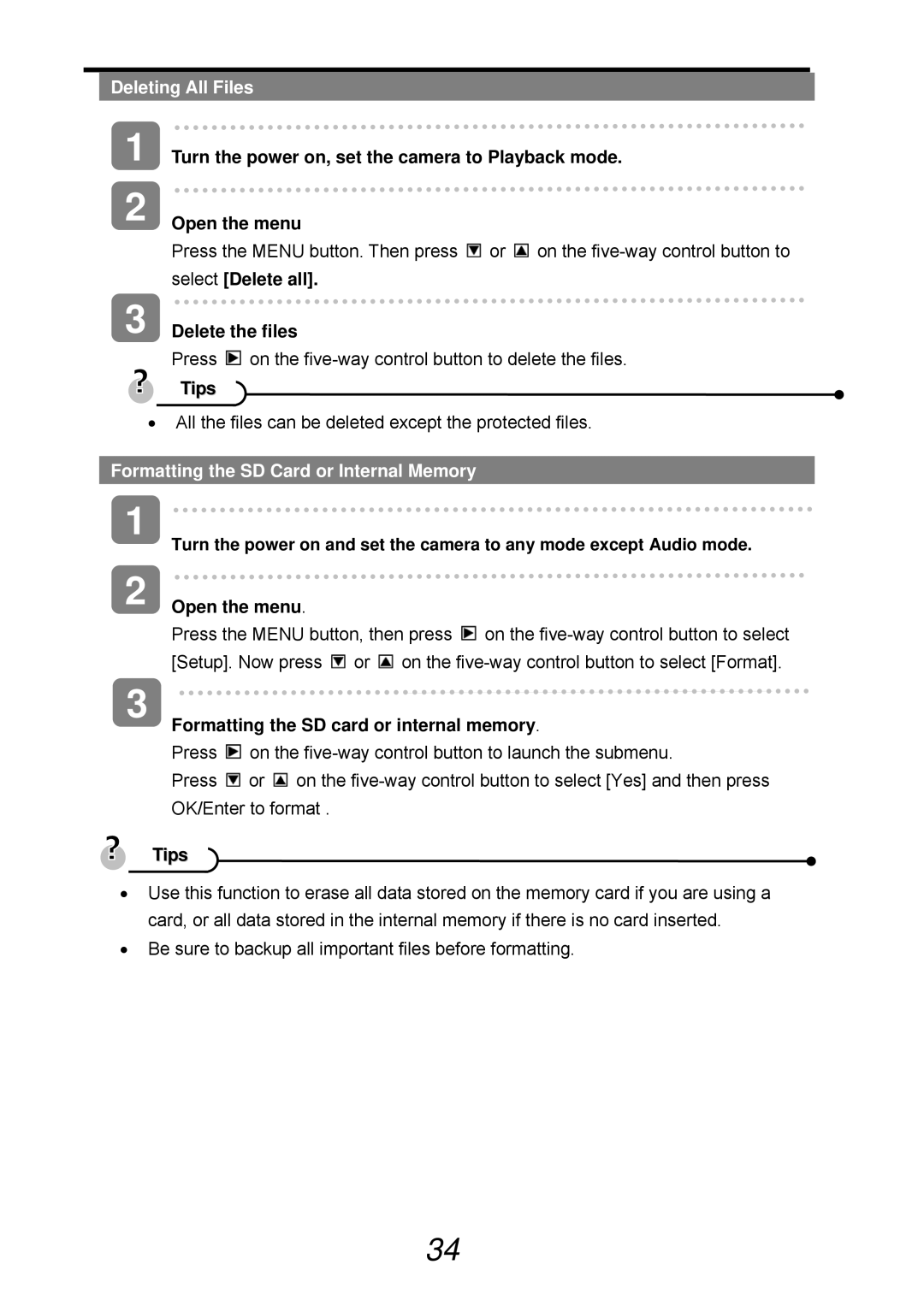 VistaQuest sensor 505-D user manual Deleting All Files, Delete the files, Formatting the SD Card or Internal Memory 