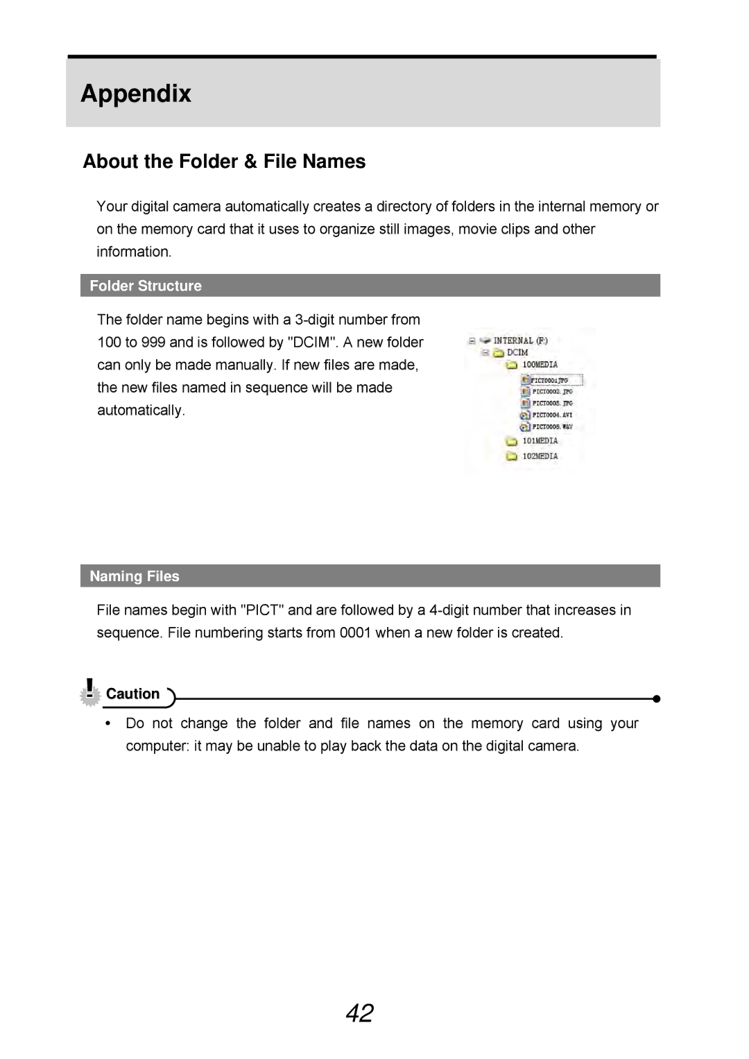 VistaQuest sensor 505-D user manual Appendix, About the Folder & File Names, Folder Structure, Naming Files 