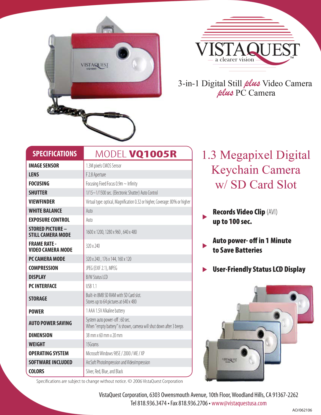 VistaQuest VQ-1005R specifications Megapixel Digital Keychain Camera w/ SD Card Slot, Model VQ1005R 