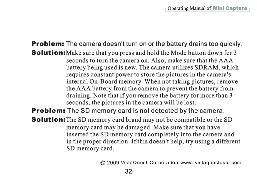 VistaQuest VQ-2005 manual 2009 