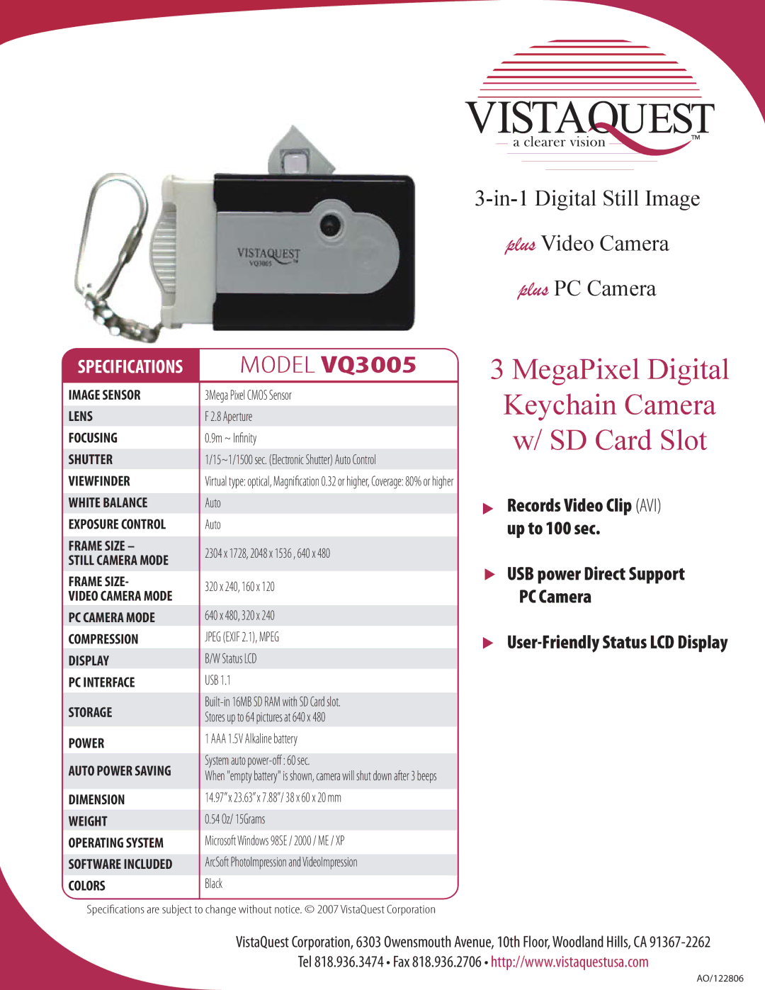 VistaQuest VQ-3005 specifications MegaPixel Digital Keychain Camera SD Card Slot, Model VQ3005 