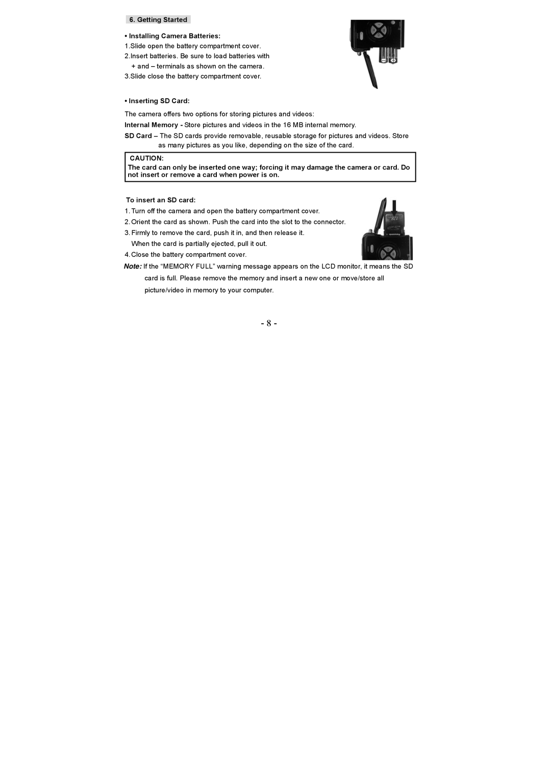 VistaQuest VQ 5010 user manual Getting Started Installing Camera Batteries, Inserting SD Card 