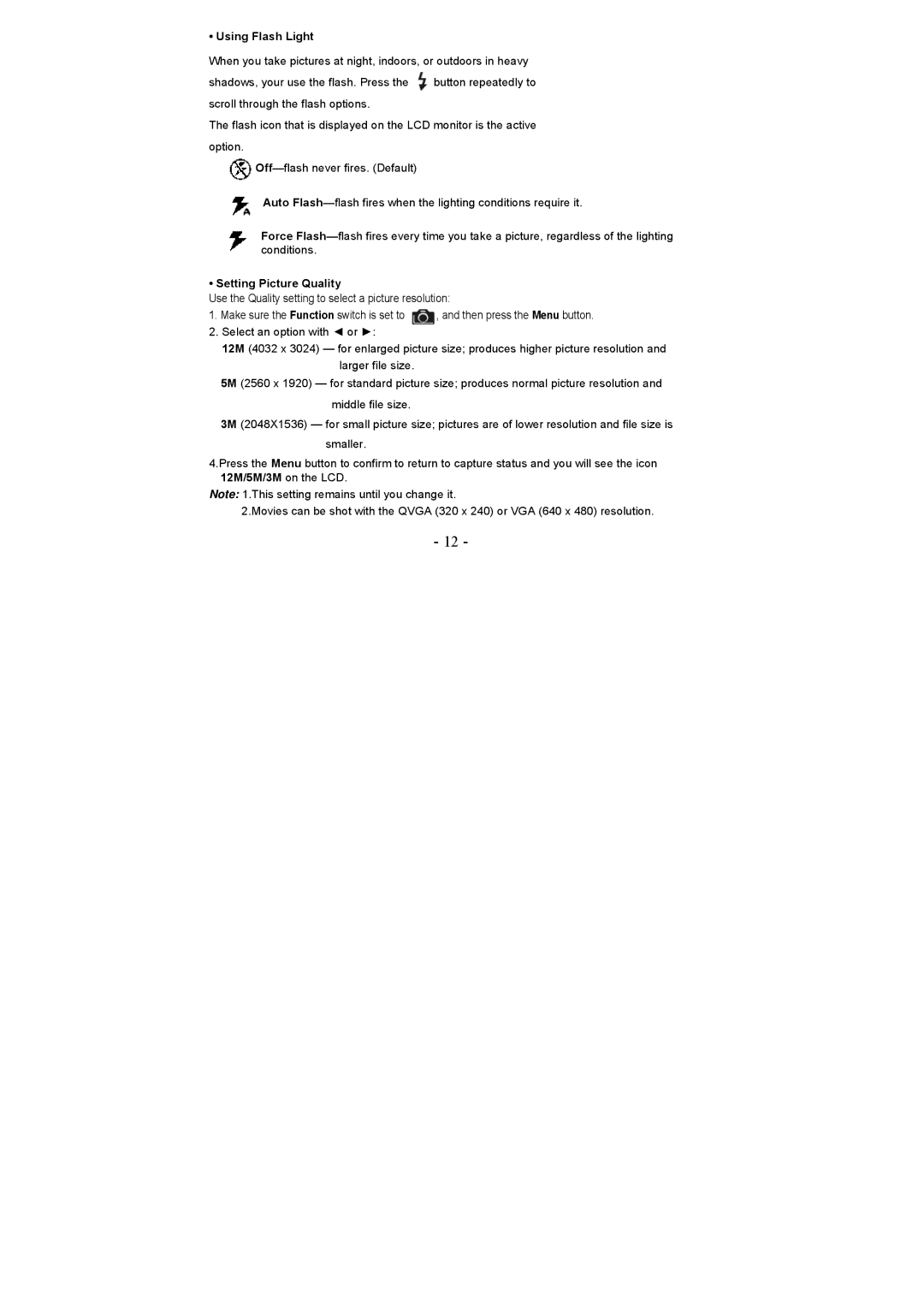 VistaQuest VQ 5010 user manual Using Flash Light, Setting Picture Quality 