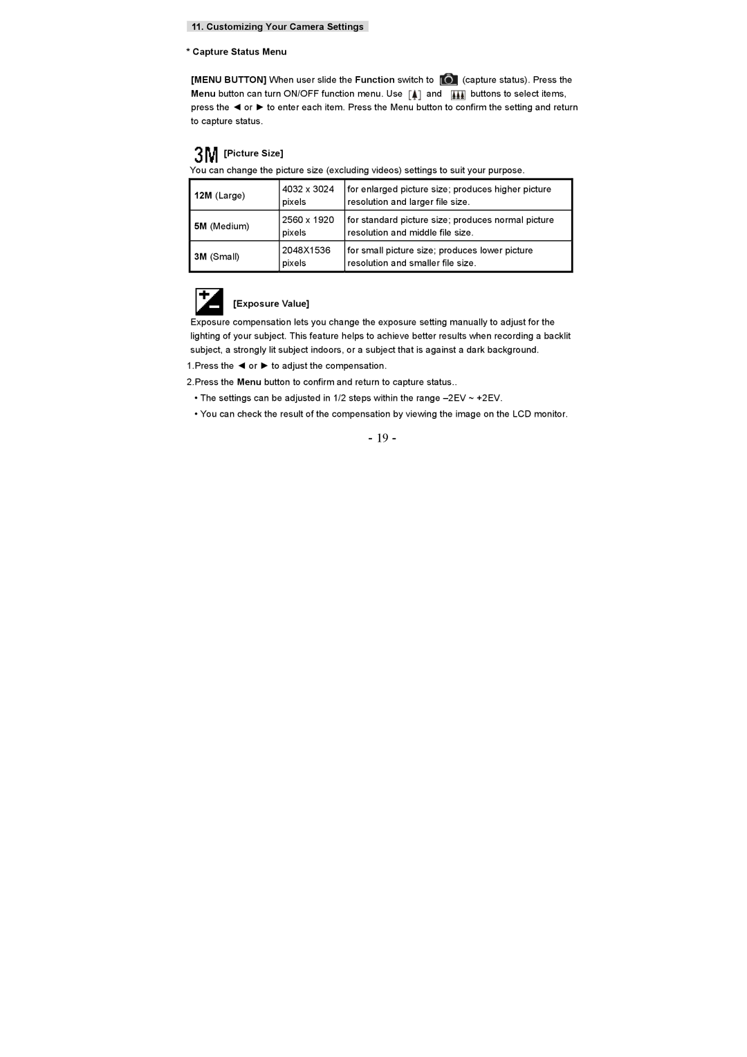 VistaQuest VQ 5010 user manual Customizing Your Camera Settings Capture Status Menu, Picture Size, Exposure Value 