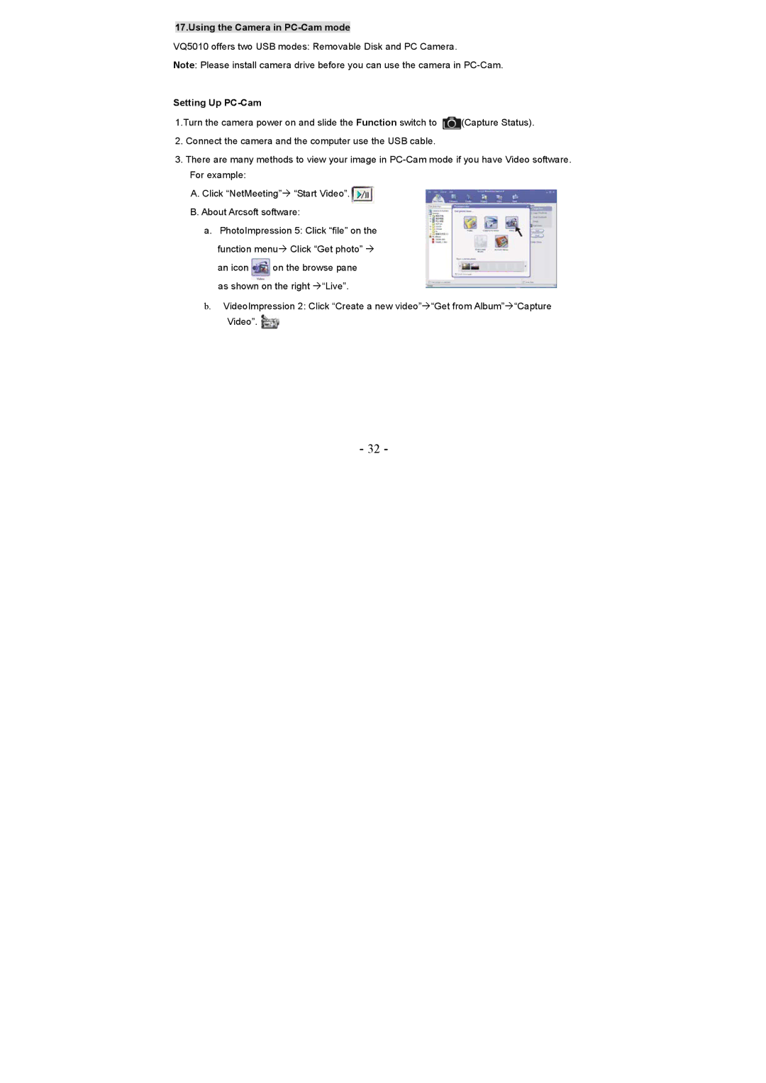 VistaQuest VQ 5010 user manual Using the Camera in PC-Cam mode, Setting Up PC-Cam 