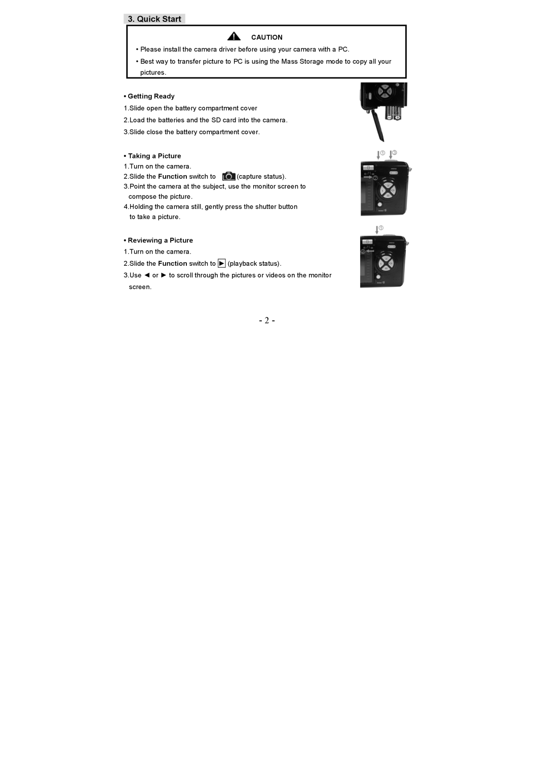 VistaQuest VQ 5010 user manual Quick Start, Getting Ready, Reviewing a Picture 1.Turn on the camera 