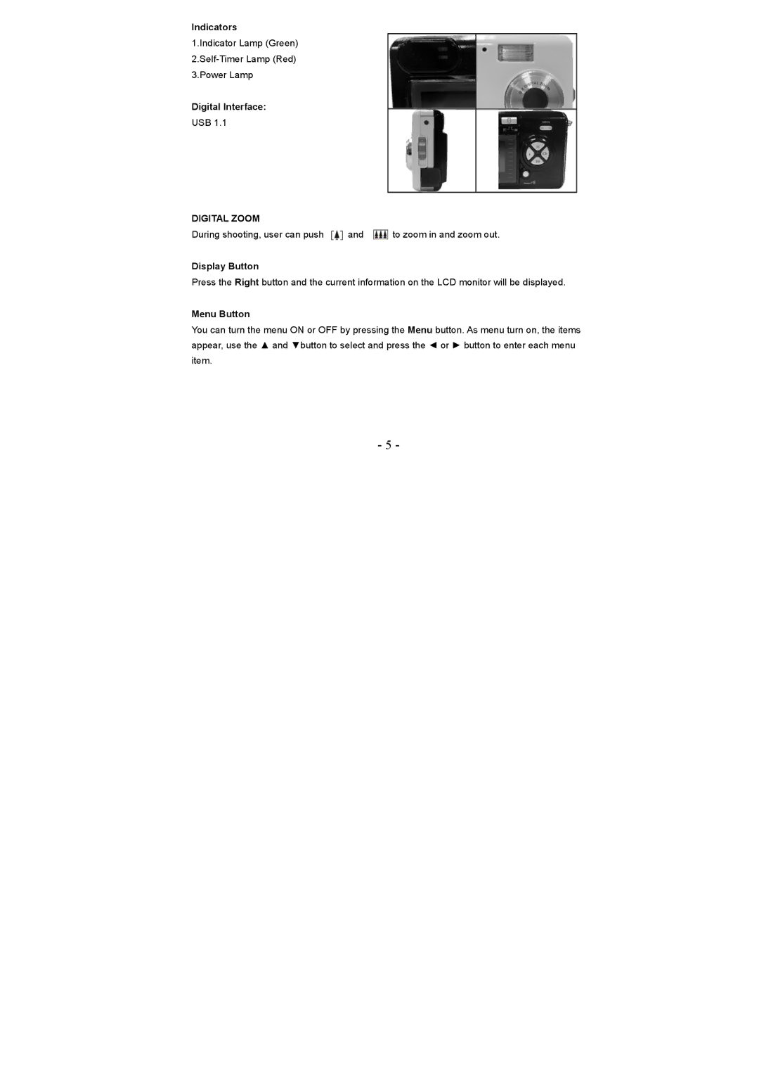 VistaQuest VQ 5010 user manual Indicators, Digital Interface, Display Button, Menu Button 