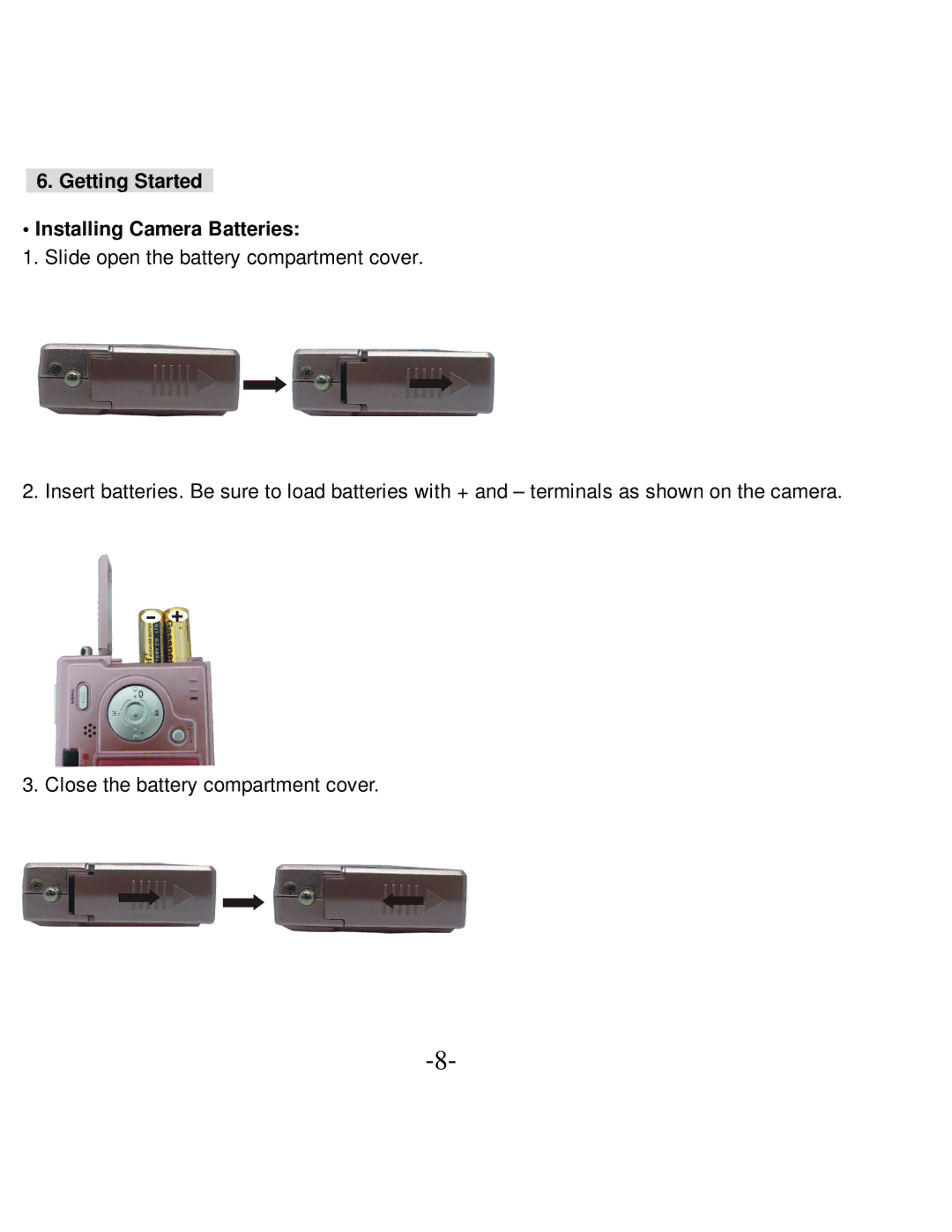 VistaQuest VQ-5015 user manual Getting Started Installing Camera Batteries 