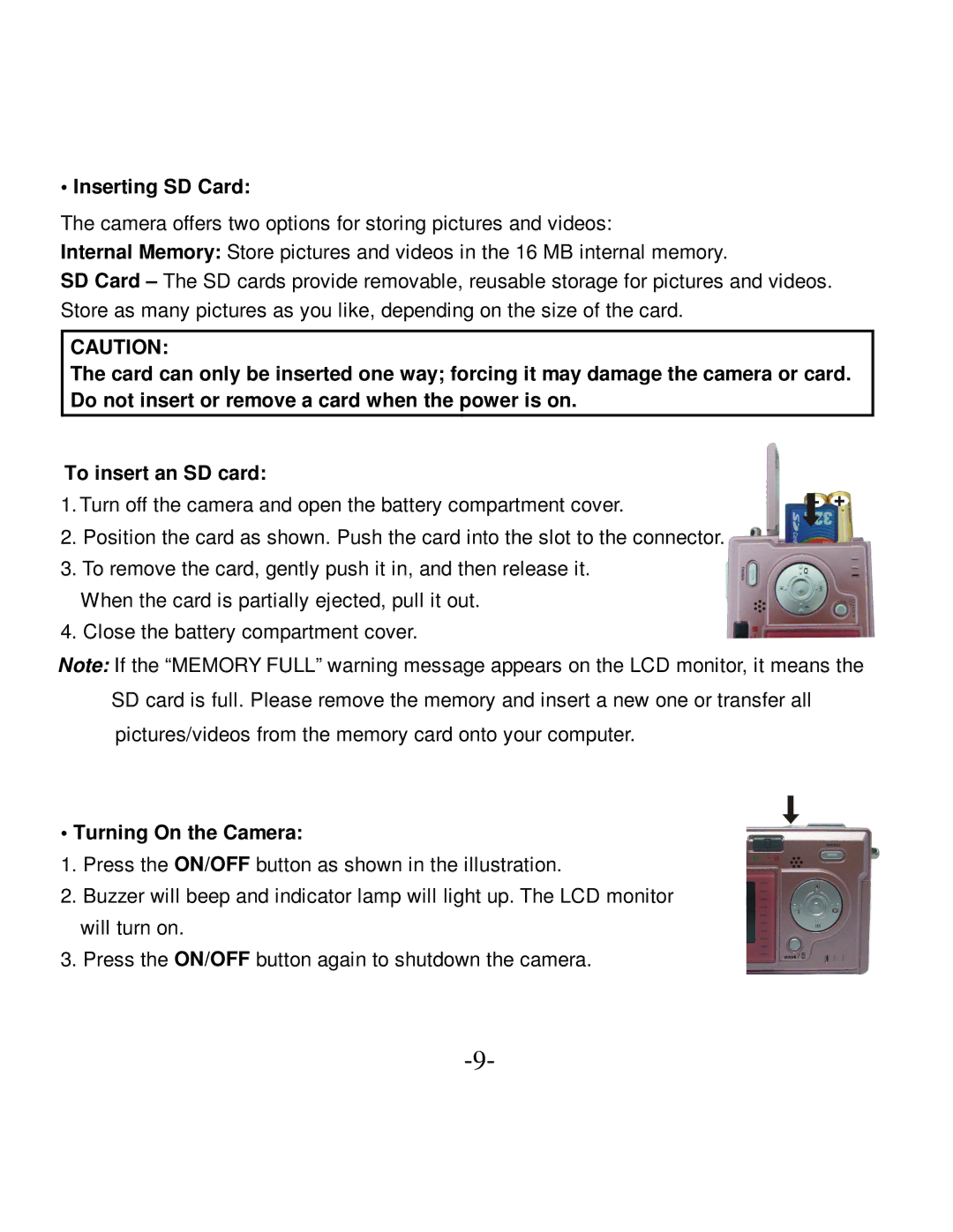 VistaQuest VQ-5015 user manual Inserting SD Card, Turning On the Camera 