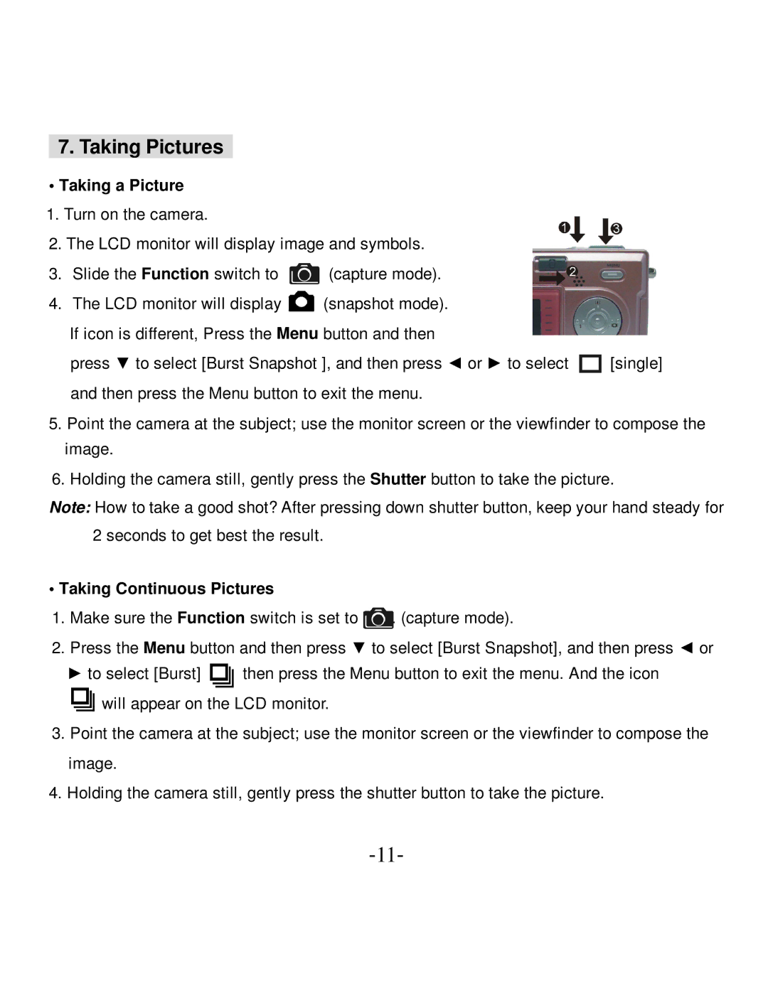 VistaQuest VQ-5015 user manual Taking Pictures, Taking Continuous Pictures 