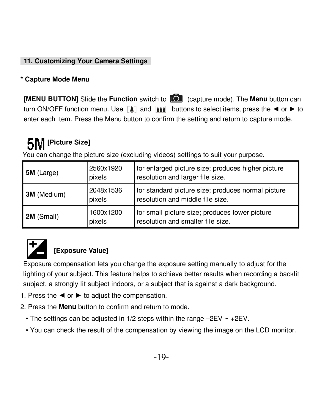 VistaQuest VQ-5015 user manual Customizing Your Camera Settings Capture Mode Menu, Picture Size, Exposure Value 