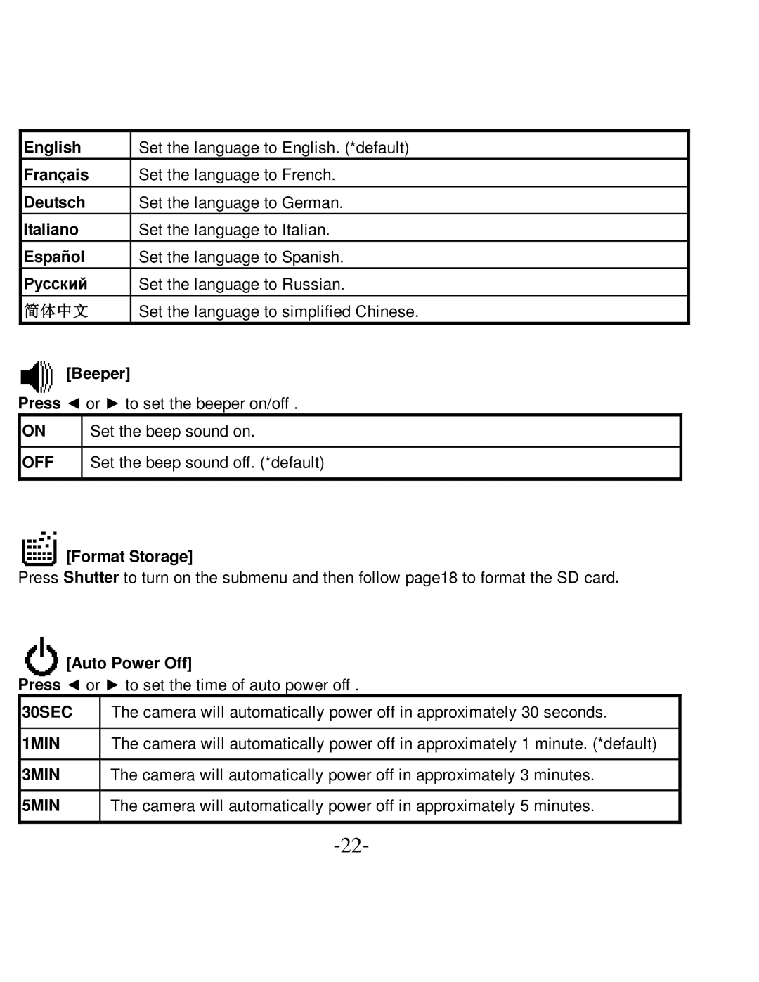 VistaQuest VQ-5015 user manual English, Français, Deutsch, Italiano, Español, Beeper, Set the beep sound on, Format Storage 