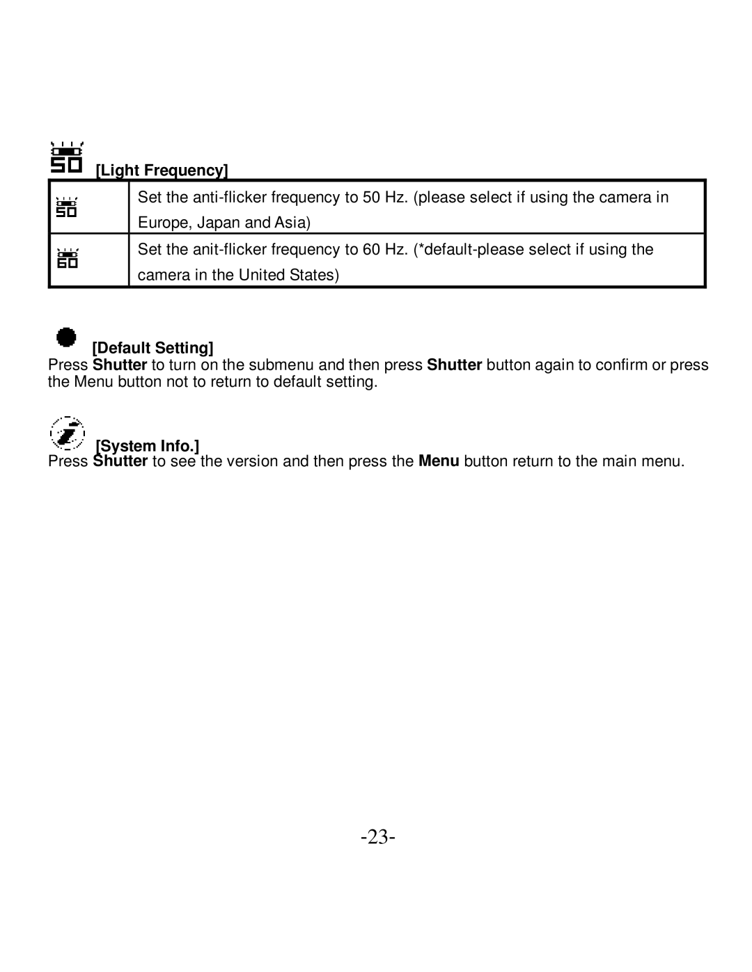 VistaQuest VQ-5015 user manual Light Frequency, Default Setting, System Info 