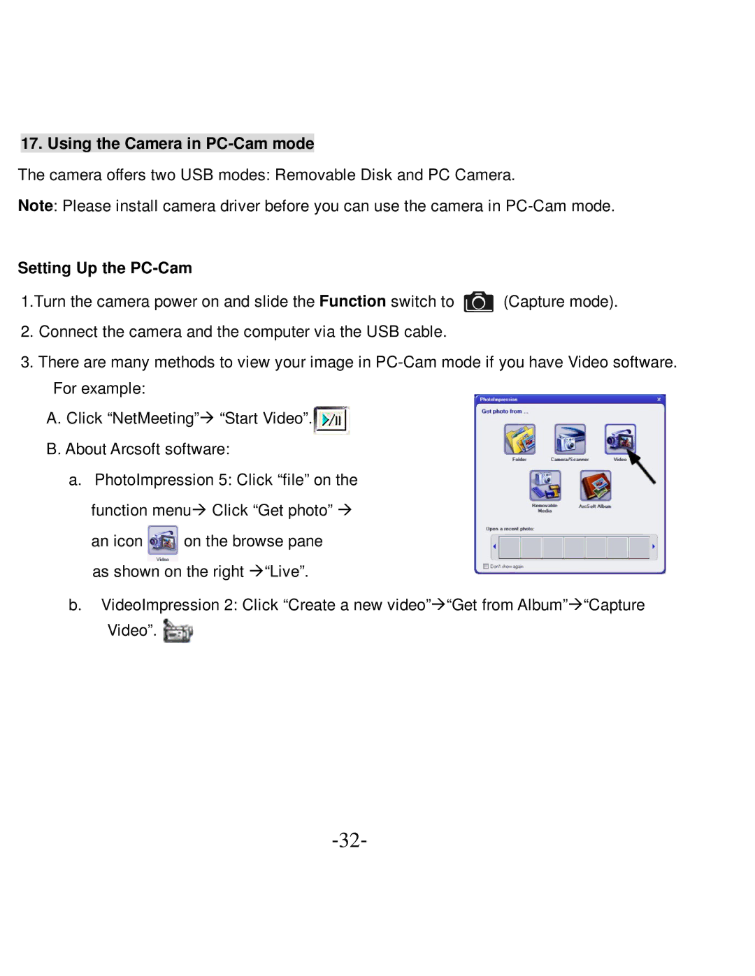 VistaQuest VQ-5015 user manual Using the Camera in PC-Cam mode, Setting Up the PC-Cam 