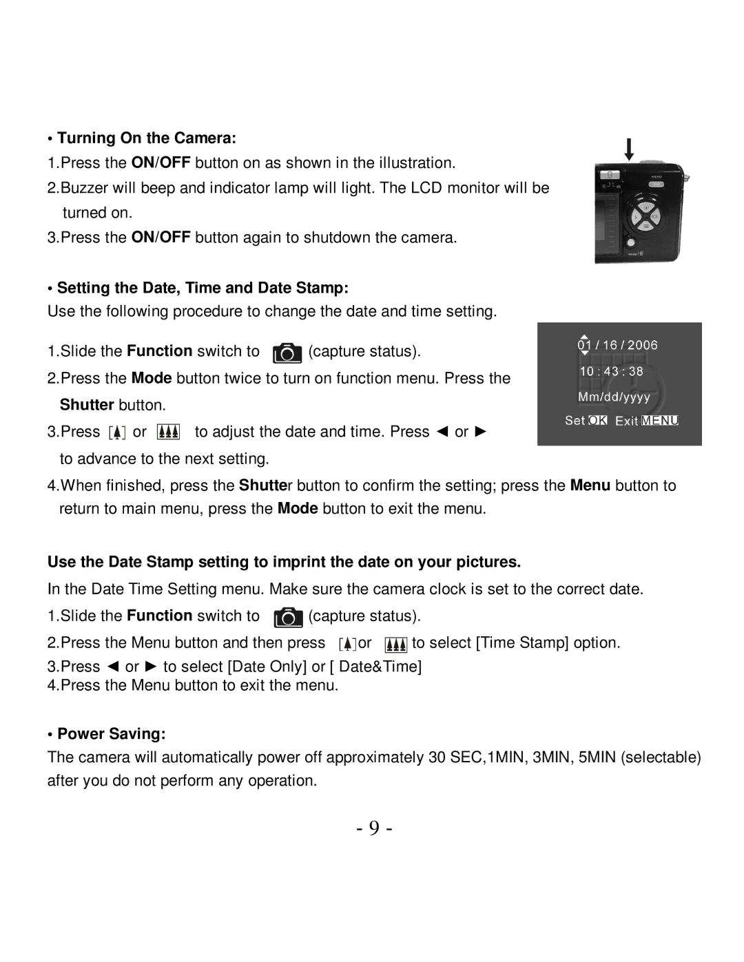 VistaQuest VQ-7015 user manual Turning On the Camera, Setting the Date, Time and Date Stamp, Shutter button, Power Saving 