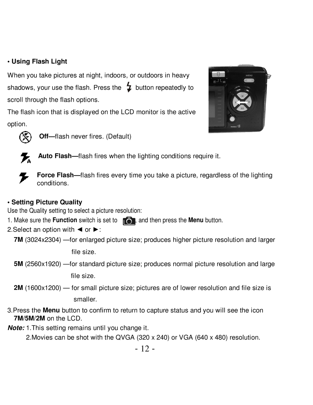 VistaQuest VQ-7015 user manual Using Flash Light, Setting Picture Quality 