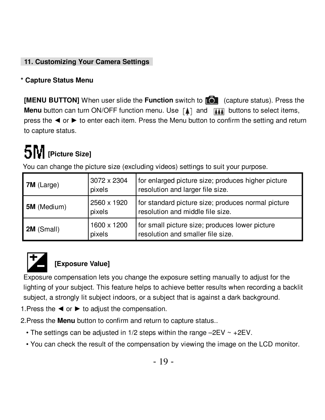 VistaQuest VQ-7015 user manual Customizing Your Camera Settings Capture Status Menu, Picture Size, Exposure Value 