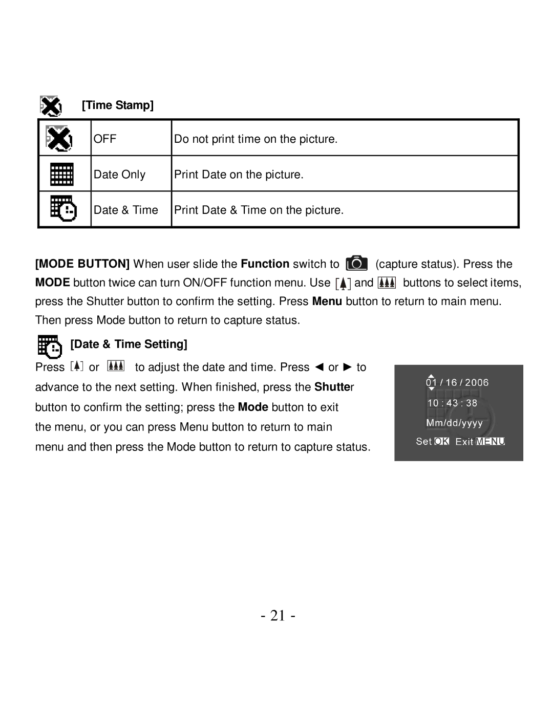 VistaQuest VQ-7015 user manual Time Stamp, Date & Time Setting 