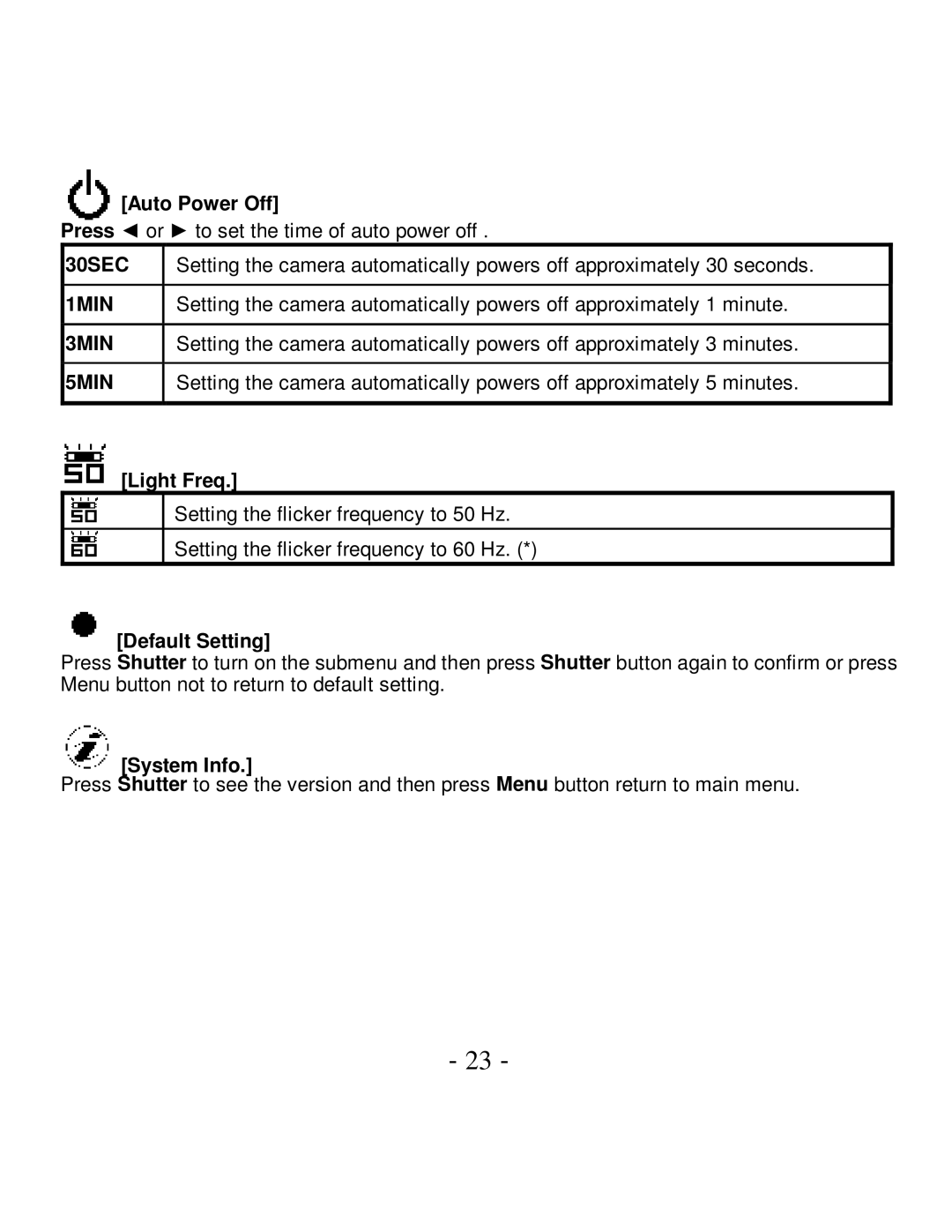 VistaQuest VQ-7015 user manual Auto Power Off, Light Freq, Default Setting, System Info 