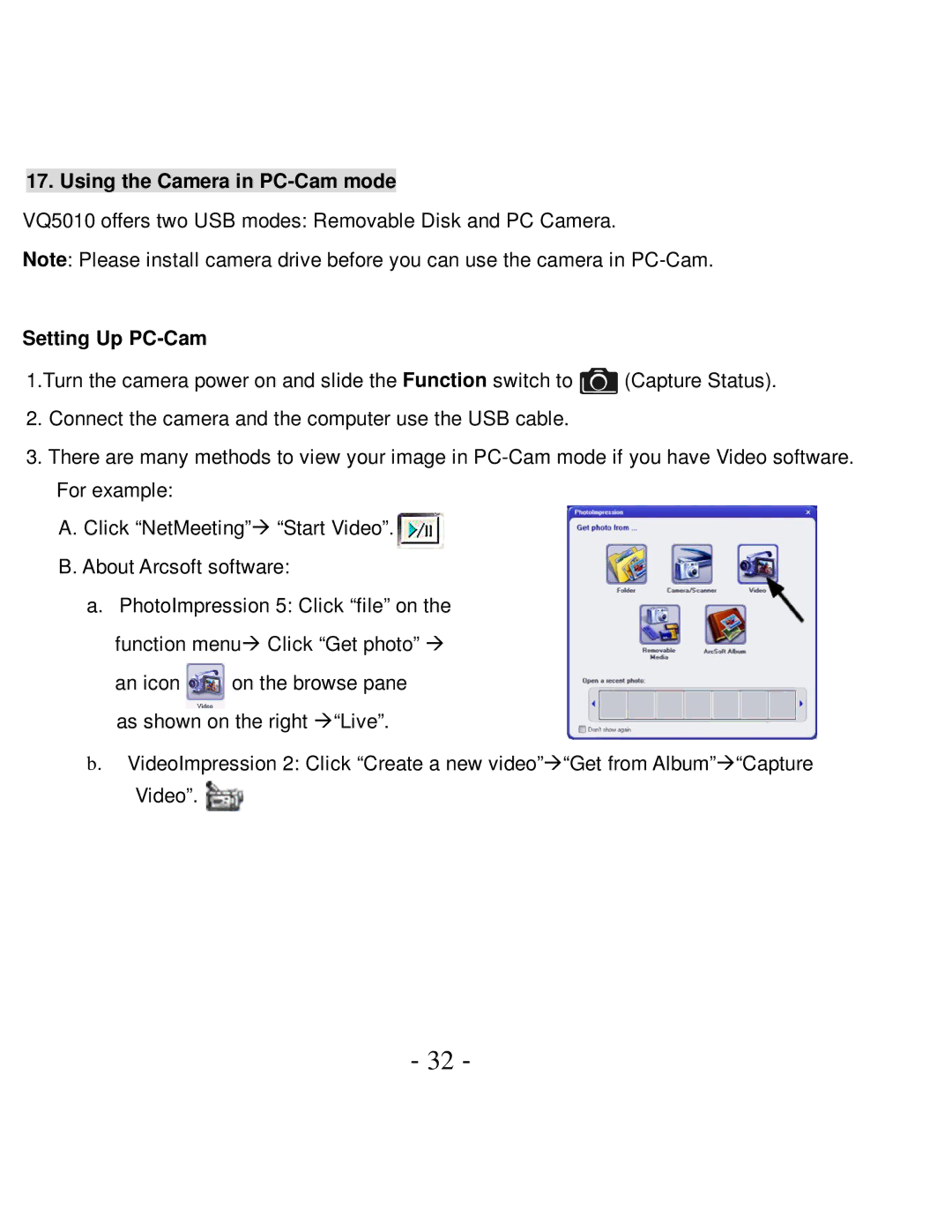 VistaQuest VQ-7015 user manual Using the Camera in PC-Cam mode, Setting Up PC-Cam 