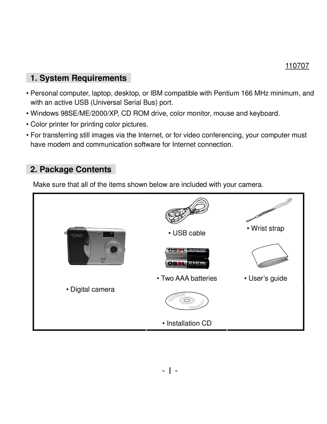 VistaQuest VQ-7015 user manual System Requirements, Package Contents 