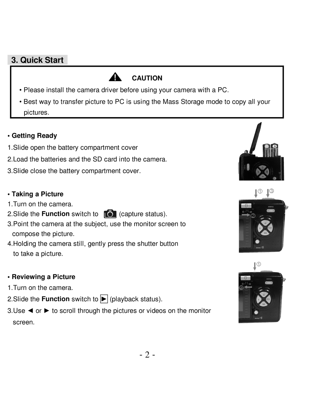 VistaQuest VQ-7015 user manual Quick Start, Getting Ready, Taking a Picture 1.Turn on the camera, Reviewing a Picture 