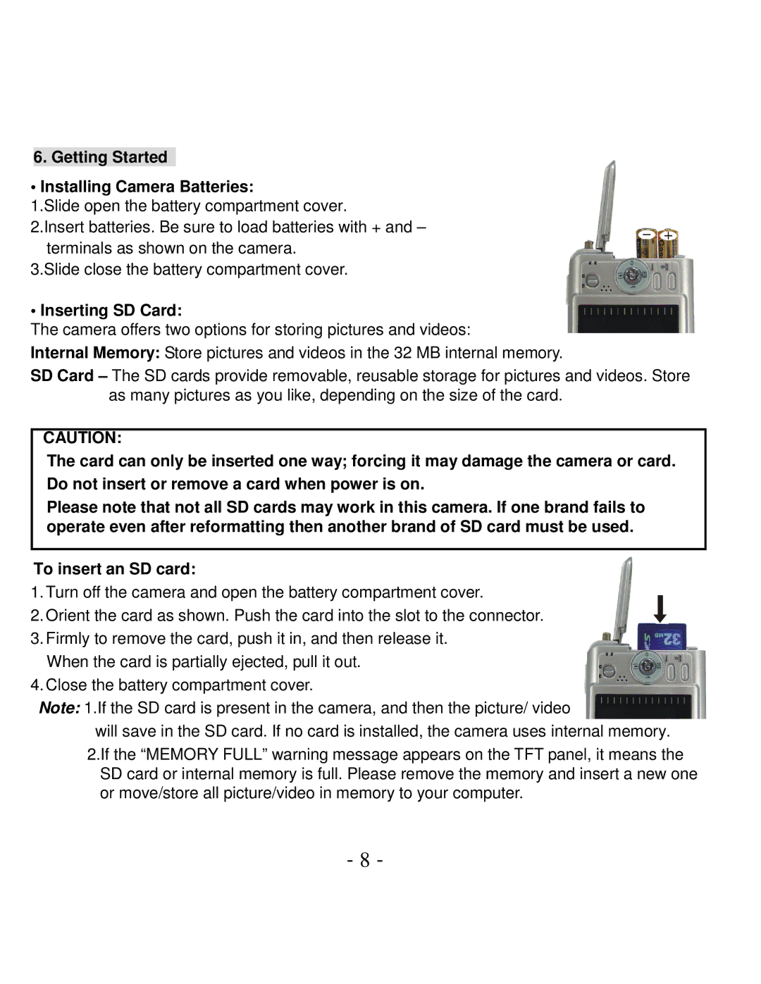 VistaQuest VQ-7024 user manual Getting Started Installing Camera Batteries, Inserting SD Card 