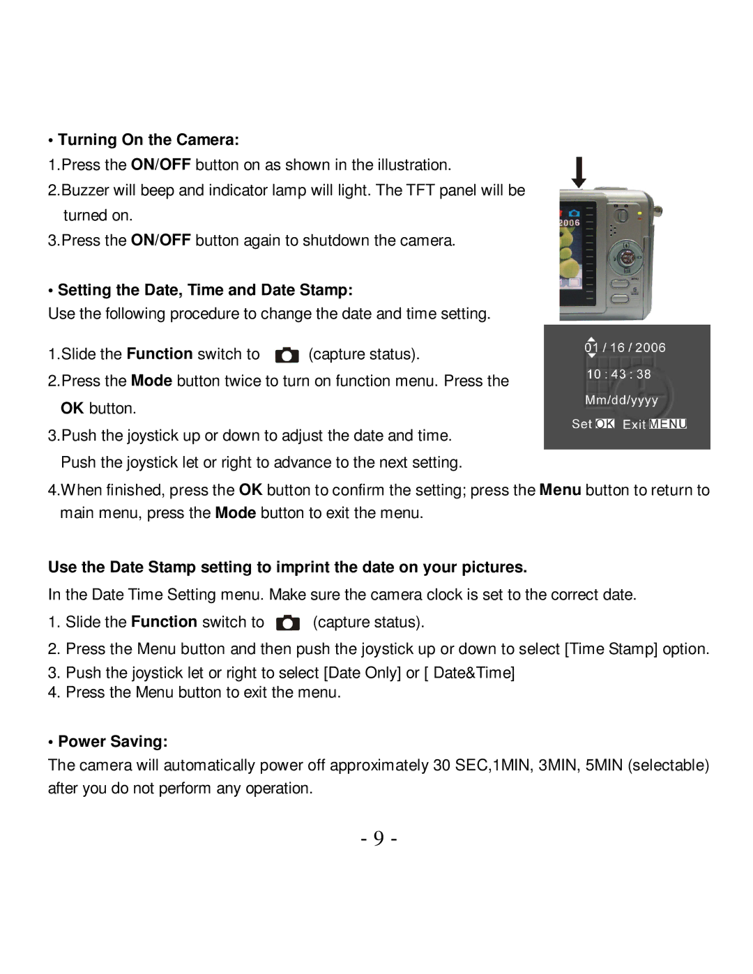 VistaQuest VQ-7024 user manual Turning On the Camera, Setting the Date, Time and Date Stamp, Power Saving 